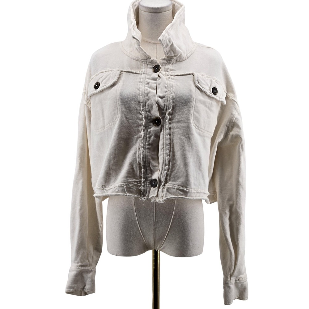 We The Free‎ Jacket Womens S White Cotton French Terry Collared Pockets Short